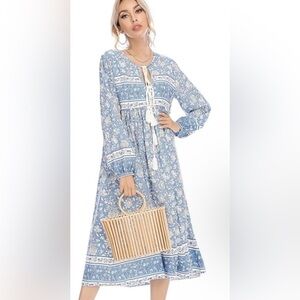 NWOT R Vivimos Blue Floral Drawstring Midi Dress
